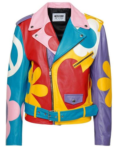 Moschino Jeans Graphic Printed Leather Jacket - Blue