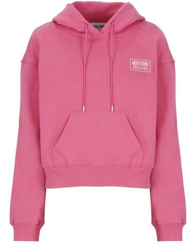 Moschino Jeans Logo Embroidered Drawstring Hoodie - Pink