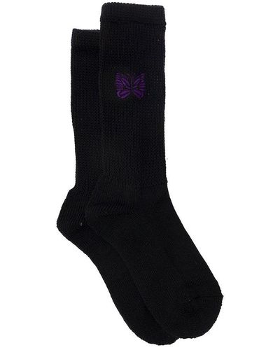 Needles Butterfly Motif Embroidered Socks - Black