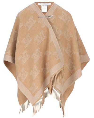 Max Mara All-over Logo Patterned Fringed Cape - Natural