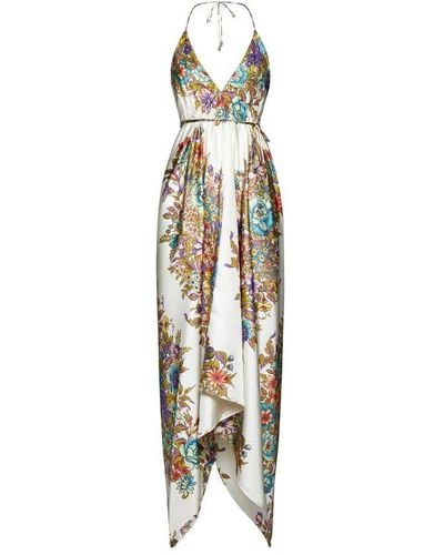 Etro Floral Print Silk Long Dress - Metallic
