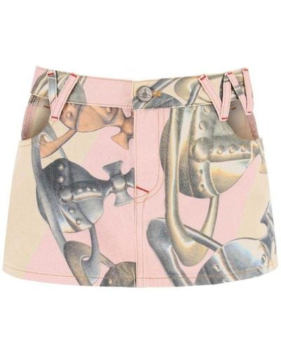 Vivienne Westwood Mini Skirt In Printed Denim With Hip Cut-outs - Pink