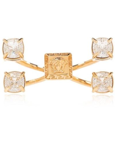 Versace Double Ring With Crystals, - Metallic