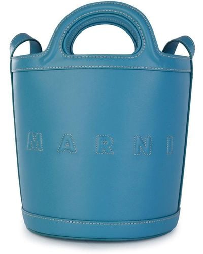 Marni Logo Embroidered Drawstring Bucket Bag - Blue