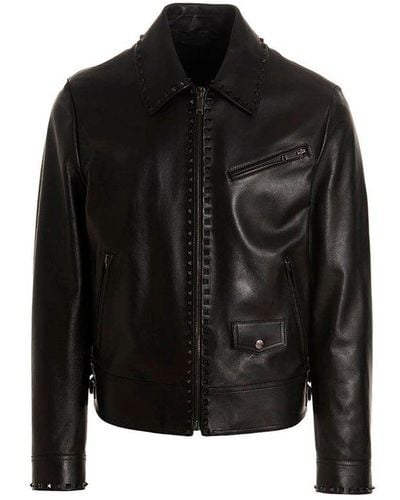 Valentino Studs Embellished Leather Jacket - Black
