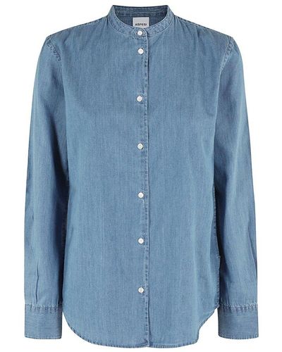 Aspesi Collarless Buttoned Denim Shirt - Blue