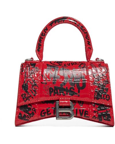 Balenciaga Graffiti-print Hourglass Xs Croco Leather Bag - Red