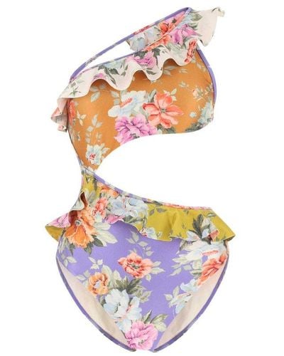 Zimmermann One-shoulder Ruffled Floral-print Swimsuit - Multicolor