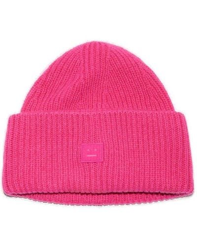 Acne Studios Face Logo Patch Ribbed-knit Beanie - Pink