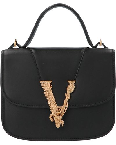 Versace Small Virtus Top Handle Bag In Leather - Black