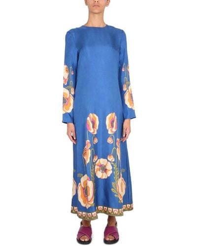 La DoubleJ Floral Print Bell Bottom Dress - Blue