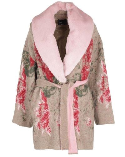 Blumarine Jacquard Faux Fur Knitted Coat - Pink