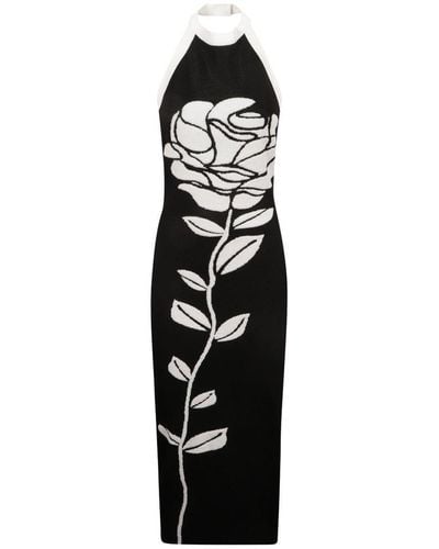 Balmain Rose Embroidered Halterneck Slim Dress - Black