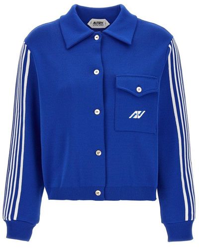 Autry Logo-embroidered Stripe-detailed Buttoned Jacket - Blue