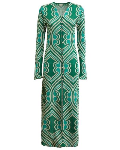 Etro Geometric Printed V-neck Maxi Dress - Green
