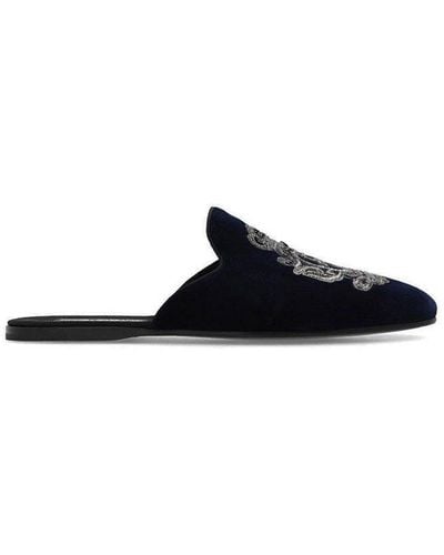 Dolce & Gabbana Slip-on Velvet Embroidered Slippers - Black