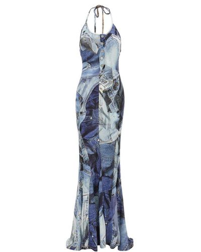 Moschino Graphic Printed Halterneck Maxi Dress - Blue