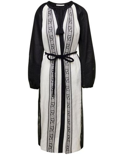 Tory Burch Black And White Embroidered Caftan With Tie And Tassels In Linen