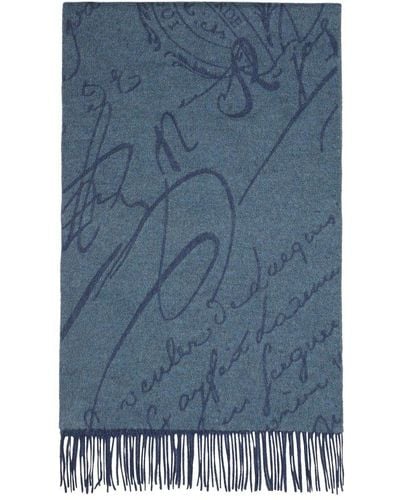 Berluti Embroidered Fringed Scarf - Blue