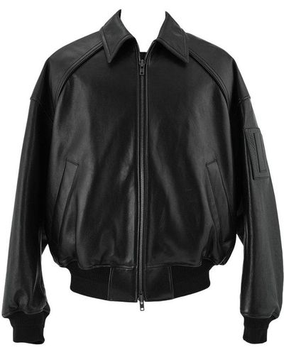 Juun.J Long Sleeved Zipped Leather Jacket - Black