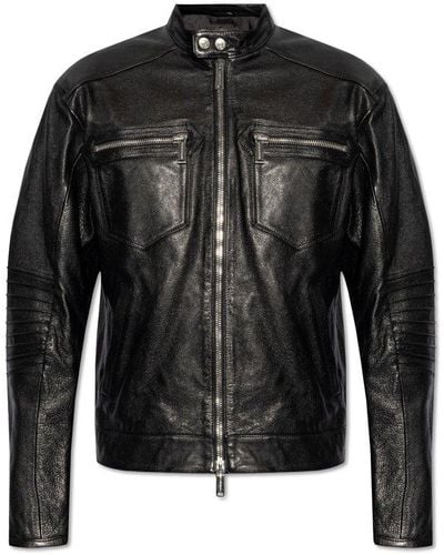DSquared² Leather Jacket With Stand Collar, - Black