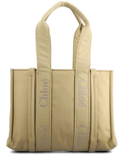Chloé Woody Logo Embroidered Medium Tote Bag - Natural