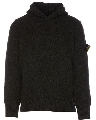 Stone Island Compass Patch Drawstring Knitted Hoodie - Black