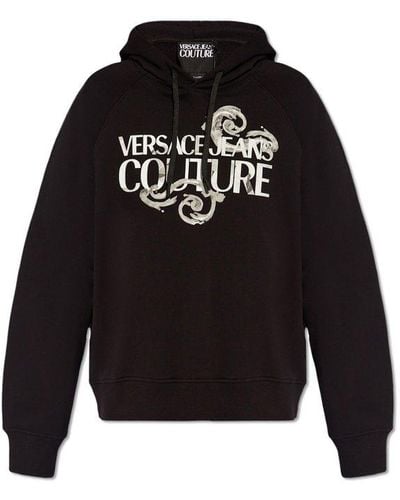 Versace Logo Printed Drawstring Hoodie - Black
