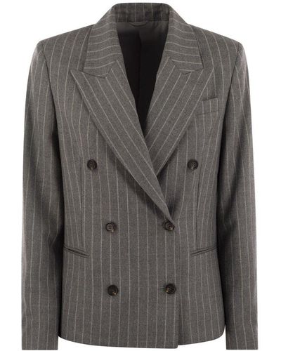Brunello Cucinelli Double Breasted Pinstriped Jacket - Black