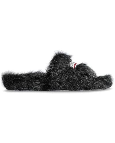 Balenciaga Logo Embroidered Faux Fur Slides - Black