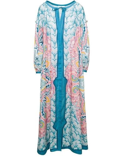 Etro And Liht-blue Paisley Maxi-dress In Cotton Blend Woman