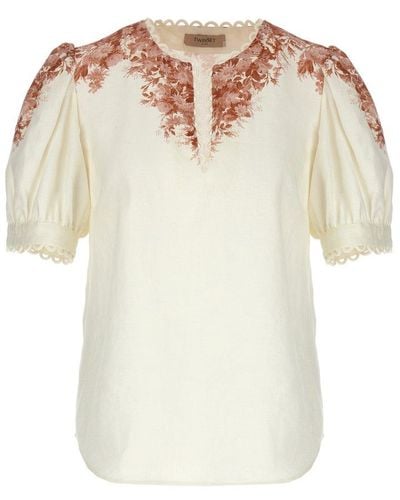 Twin Set Floral-printed Puff-sleeved Chambray Blouse - White