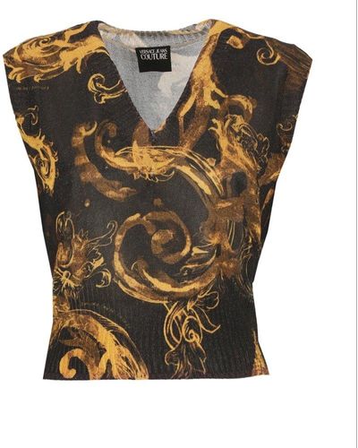 Versace Barocco-printed V-neck Knitted Top - Metallic
