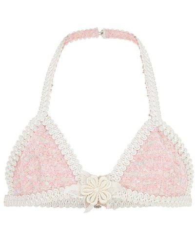 Alessandra Rich Halterneck Tweed Lace Bralette - Pink