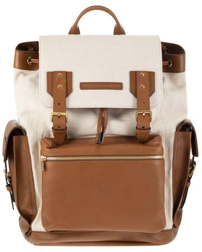 Brunello Cucinelli City Backpack In Leather And Fabric - Brown