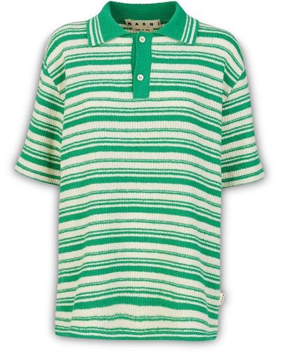 Marni Horizontal Striped Ribbed Knit Polo Shirt - Green