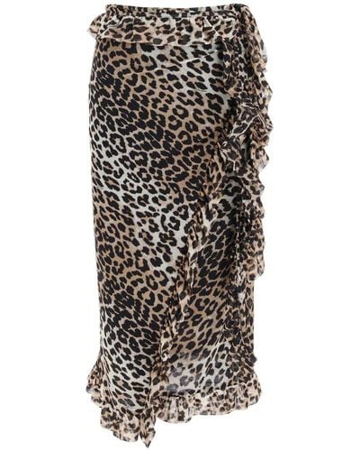 Ganni Leopard Print Mesh Midi Skirt - Black