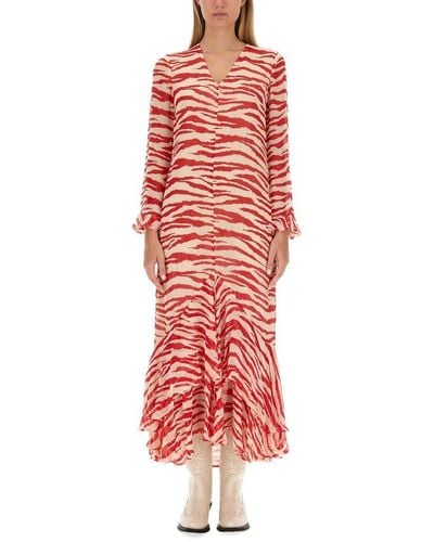 Ganni Tiger-printed V-neck Ruffled Maxi Dress - Red