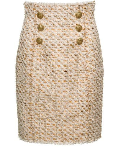 Balmain Tweed Skirt With Front Golden Buttons - Natural