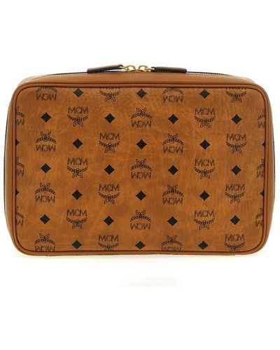 MCM Logo Printed Zipped Messenger Bag - Brown