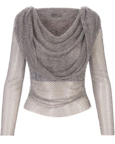 GIUSEPPE DI MORABITO Rhinestone Fishnet Hooded Sweater - Gray