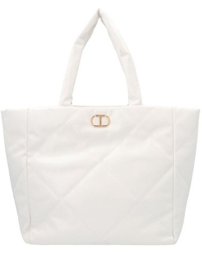 Twin Set T Logo Plaque Quilted Tote Bag - White
