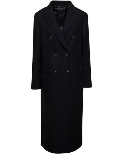 Totême Long Black Double-breasted Coat In Wool Woman