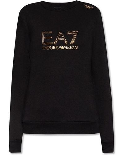 EA7 Stud-detailed Long-sleeved Crewneck T-shirt - Black