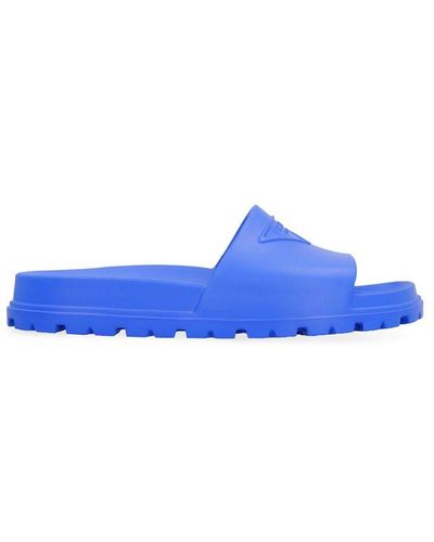 Prada Logo Embossed Open Toe Slippers - Blue