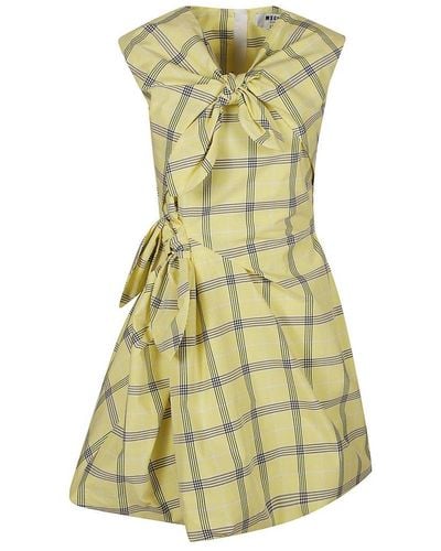 MSGM Bow Detailed Checked Sleeveless Dress - Green