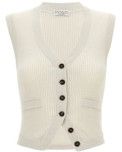 Brunello Cucinelli V-neck Button-up Knitted Vest - Natural