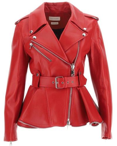 Alexander McQueen Belted Zip-detailed Leather Peplum Biker Jacket - Red