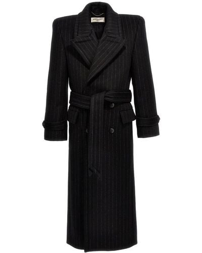 Saint Laurent Double-breasted Pinstriped Coat - Black
