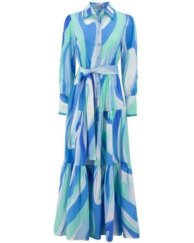 Mc2 Saint Barth Wave Printed Belted Waist Long Dress - Blue